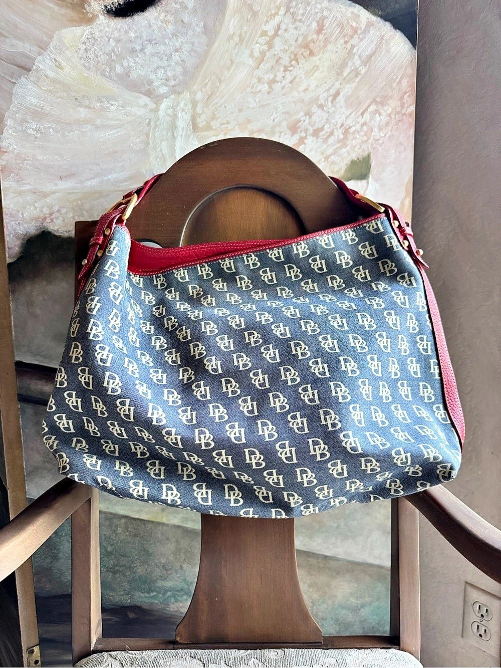 Dooney & Bourke DB Monogram Hobo Shoulder Bag Red & Brown